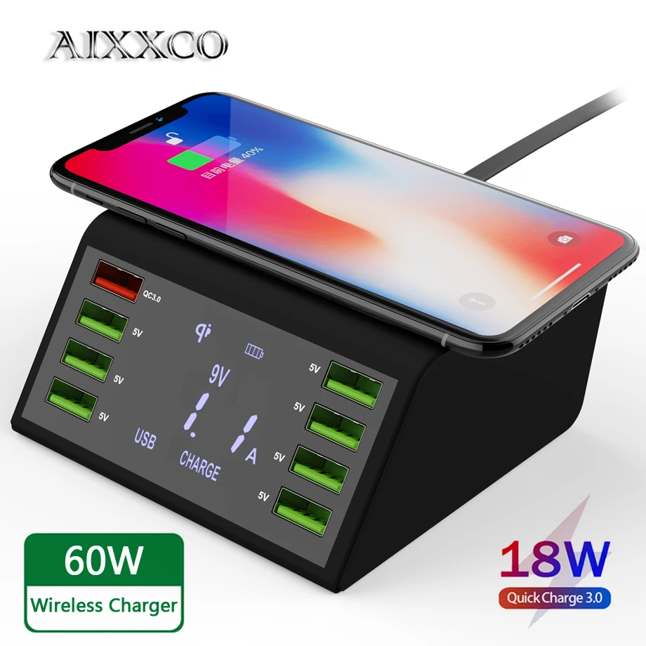 

Быстрое зарядное устройство AIXXCO USB, 60 Вт, 8 портов, светодиодный дисплей, быстрая зарядка 3,0, настольное Беспроводное зарядное устройство 10 Вт