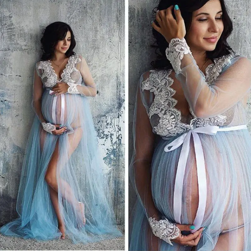 

Pregnancy Photography Clothes Props Lace Maternity Dresses For Photo Shoot One-piece Mopping Dress Net Yarn Front Split clothing