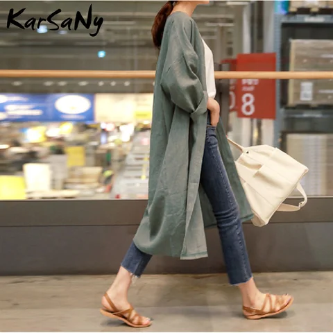 Женское длинное пальто KarSaNy, тонкий хлопковый льняной кардиган-Тренч, свободные тонкие тканевые пальто, солнцезащитные длинные топы, лето 2021