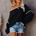 Женский вязаный свитер на одно плечо, Свободный Повседневный пуловер большого размера в стиле пэчворк, зимний джемпер, 2021