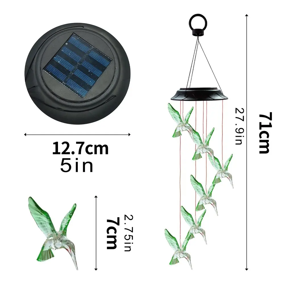 

Color Changing Solar Power Wind Chime Crystal Ball Hummingbird Waterproof Outdoor Windchime Light For Patio Yard Guard