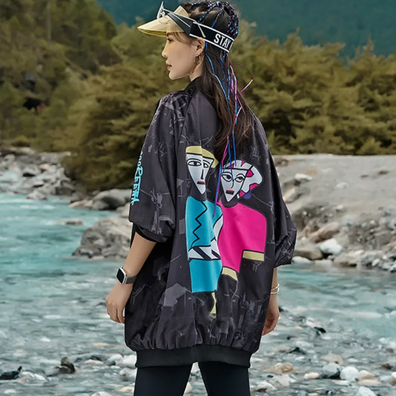 

Autumn Cartoon Coat Woman Zipper Long Sleeve Loose Streetwear Coat Pockets Stand Collar Coat Woman 2020