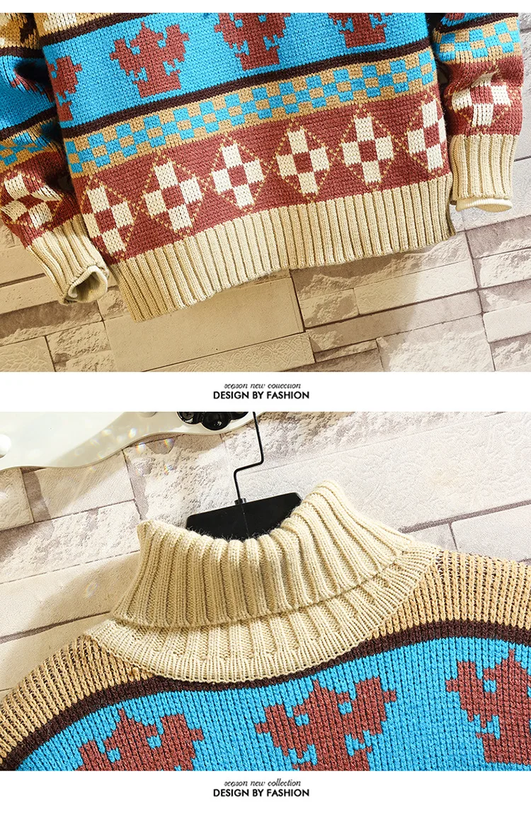 

Men TurtleNeck Sweater Fashion Pullover Sweater Male Slim Fit Knitting Sweaters Mens Colorful Rhombus Lattice Pullover