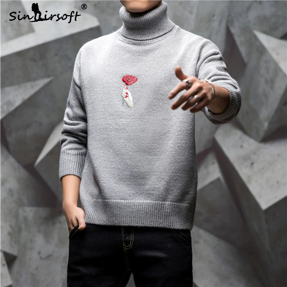 Rose Embroidery Pullovers Men's Turtleneck Long Sleeve Casual Sweater Warm Male Black And White 2019 Fashion Top Clothing M-3XL | Мужская