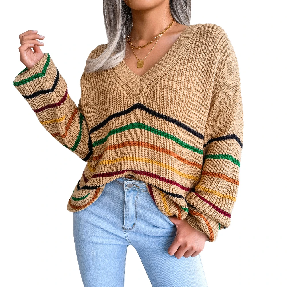 

Women Pullover V-Neck Knit Striped Sweaters Spring Autumn Long Sleeve Loose Casual Female Fashion Street Warm Sweater Clothes
