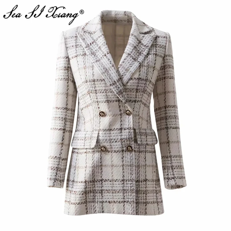 

Женское шерстяное пальто с отложным воротником Seasixiang, двубортное длинное твидовое пальто с длинным рукавом, Дизайнерская верхняя одежда на...