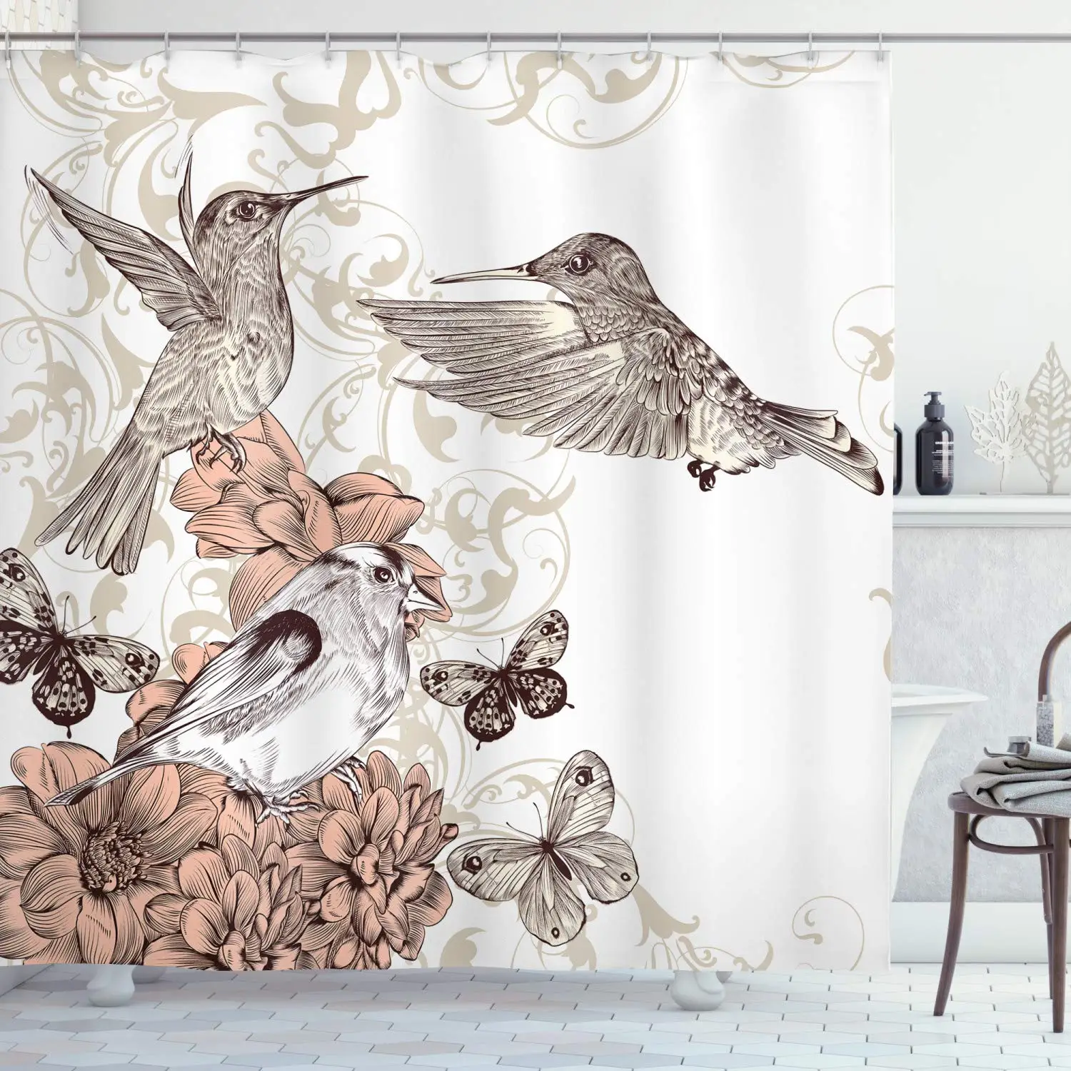 

Hummingbird Shower Curtain Vintage Style Artwork with Birds Butterflies on Blossoms Ornamental Background Bathroom Decor Set