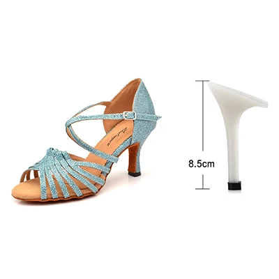 Light Blue 8.5cm Ladingwu Горячая Сальса Обувь для танцев Для женщин светло-голубой блестящая ткань латинских танцев вечерние мягкая подошва танцевальные туфли, каблук 6-10 см - Цвет: Light Blue 8.5cm