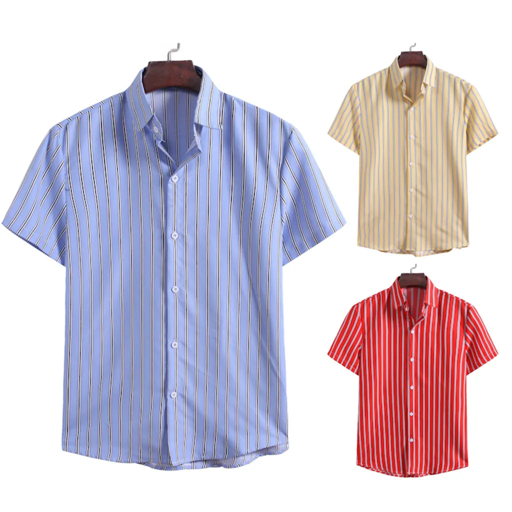 

Men's explosive shirt summer casual fashion striped printed short-sleeved shirt solid color comfortable top 40*