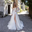 UZN шикарное блестящее Тюлевое пляжное свадебное платье с длинным пышным рукавом, свадебные платья с бисером и аппликацией, платье для невесты