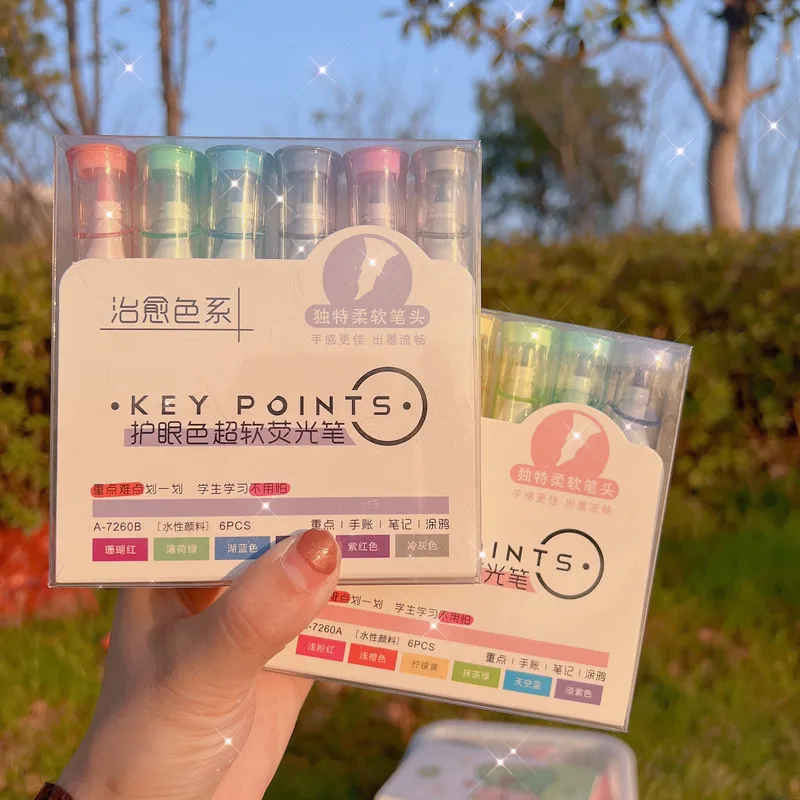 

6pcs/set Soft Tip Highlighter Light Color Kawaii Marker Pen DIY Photo Album Journal Fluorescent Pen Student Stationery