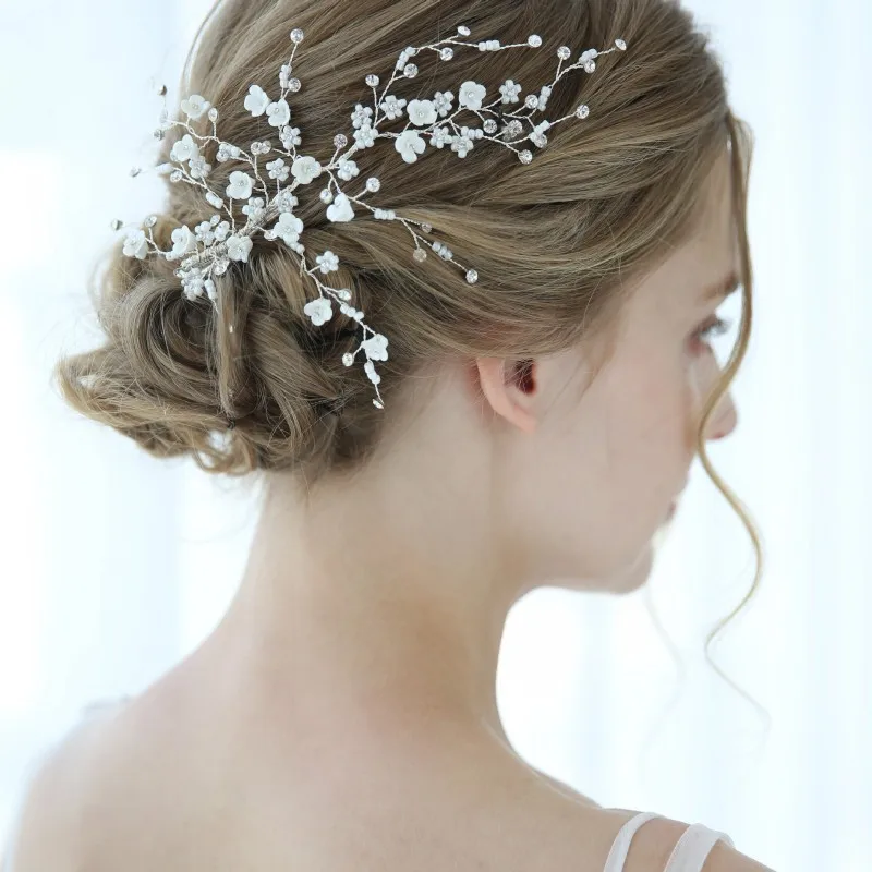 

Simple White Floral Hair Clip Bridal Piece Rhinestone Wedding Hair Jewelry Silver Color Women Headpiece