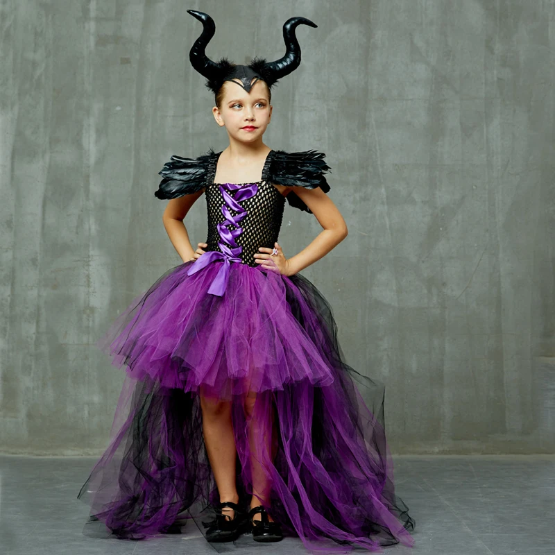 Платье-пачка для девочек на Хеллоуин «Maleficent Evil Dark queen» с рогами «Wicked Witch»; Детские вечерние костюмы для костюмированной вечеринки; нарядная одежда