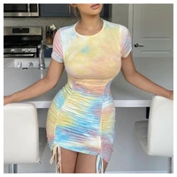 womens dresses popular hot tie dyed drawstring ruched mini dress short sleeve bandage elegant summer party sexy bodycon skirt
