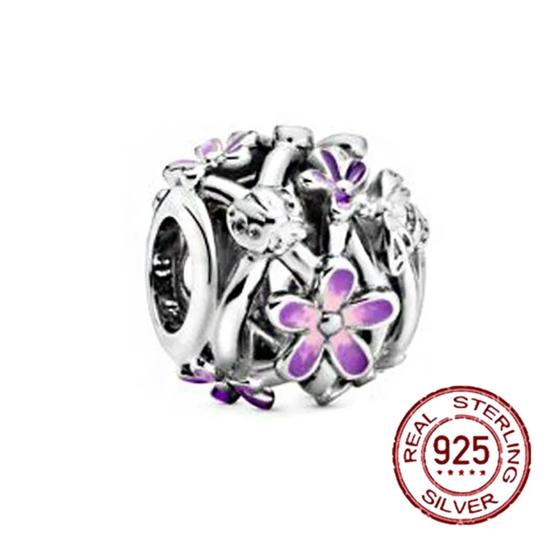 

2021 Spring 925 Sterling Silver Beads Purple flowers Two-tone Charm Fit Original Pandora Bracelet Women Jewelry Gift