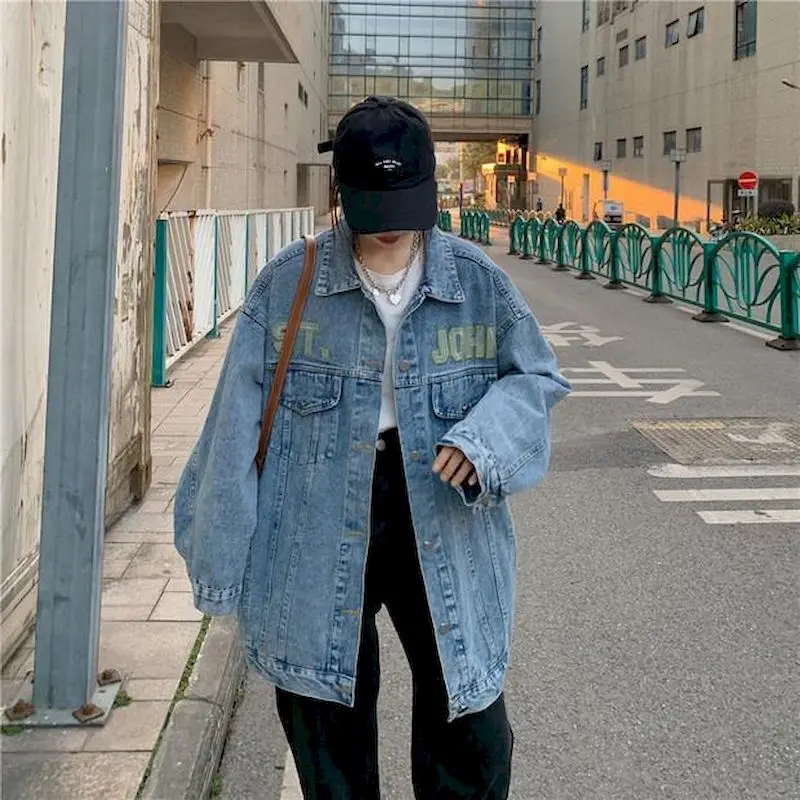 

Джинсовая куртка средней длины, женский кардиган с длинными рукавами, синие тонкие Свободные корейские куртки с вышитыми буквами на весну и...