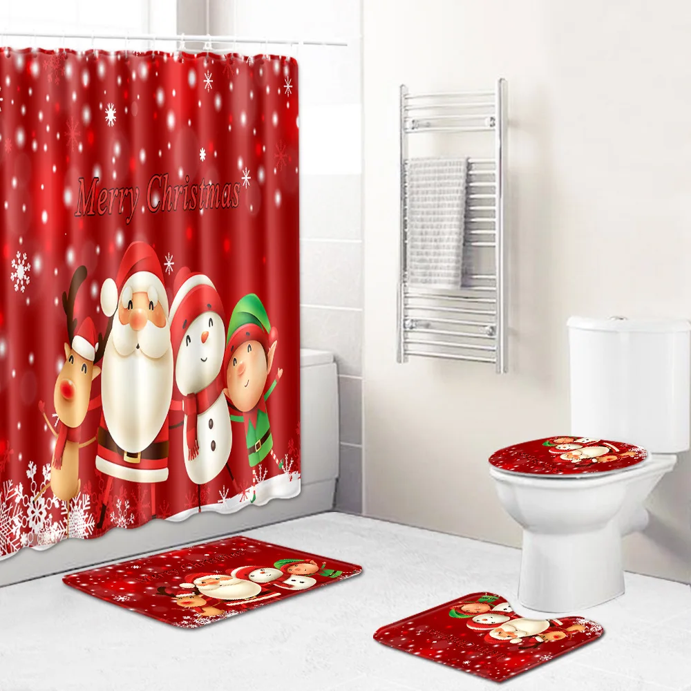 

Red Santa Claus Printed Christmas Shower Curtain Set with Bath Mat Anti-slip Carpet Bathroom Partition Waterproof Home Decor