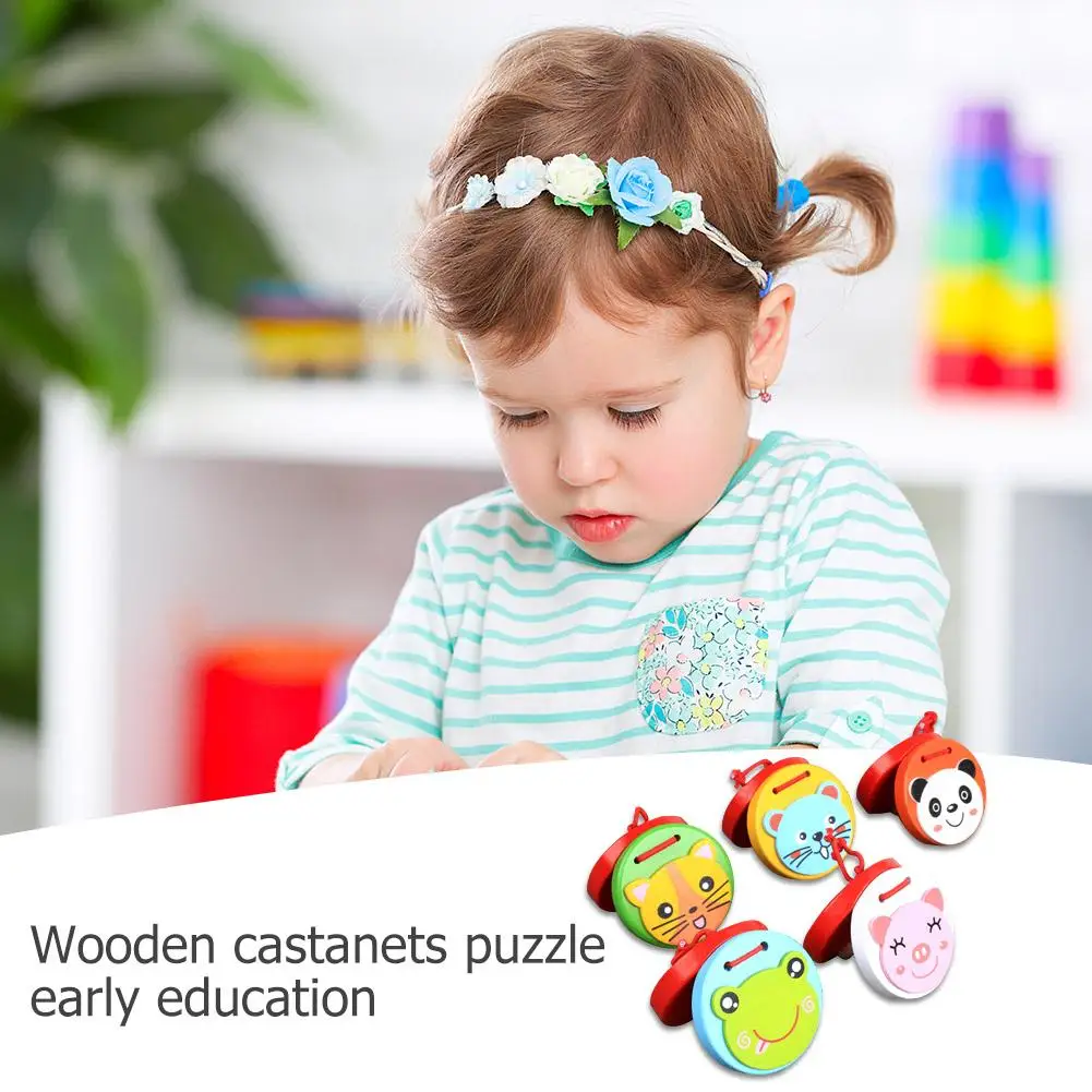 Мультфильм деревянные кастаньеты Clapper ручка дети милый музыкальный инструмент