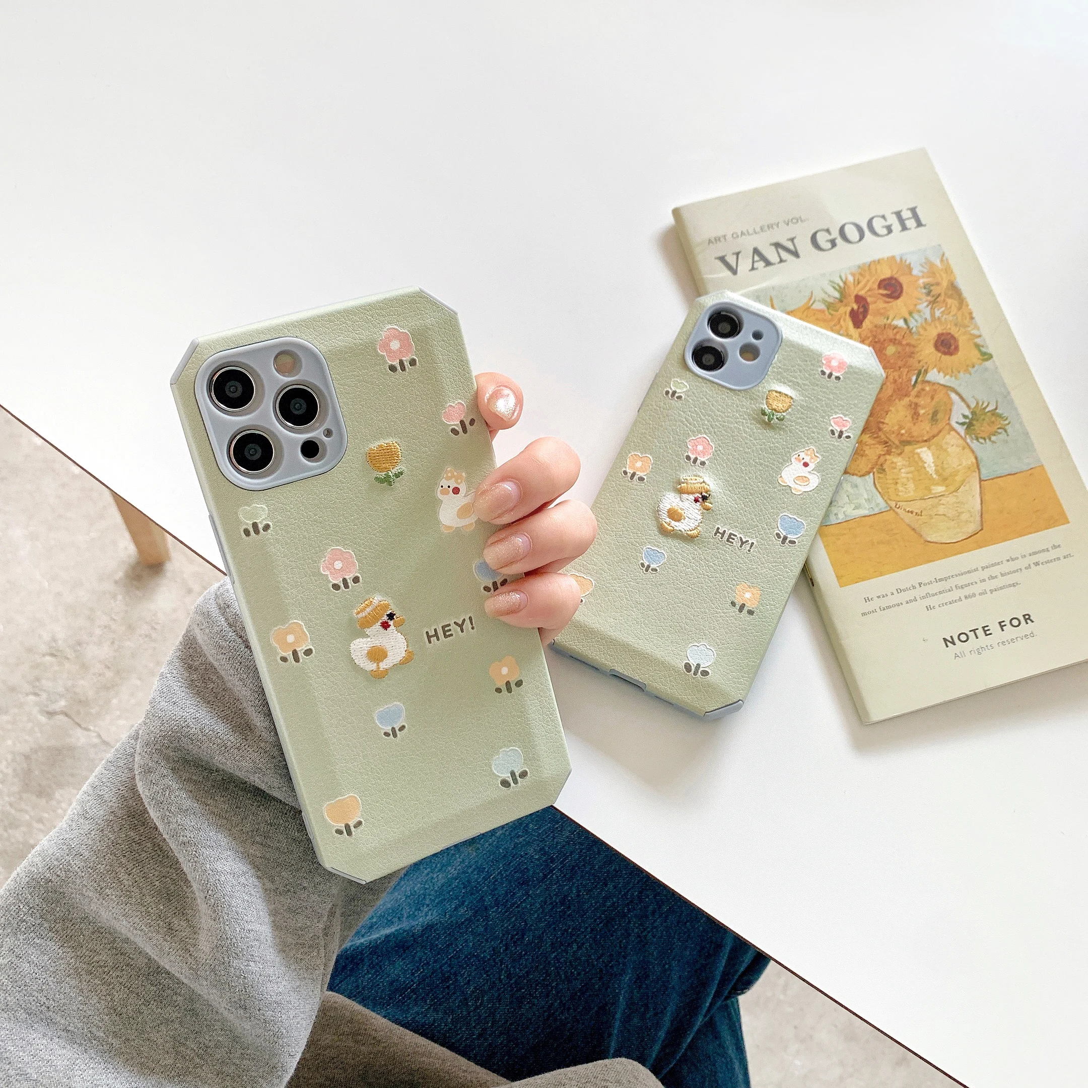 

Jelly embroidery-cute cartoon green flower duckling for iPhone 12 Pro mobile phone case 11 7 8 plus x xs max xr mini case