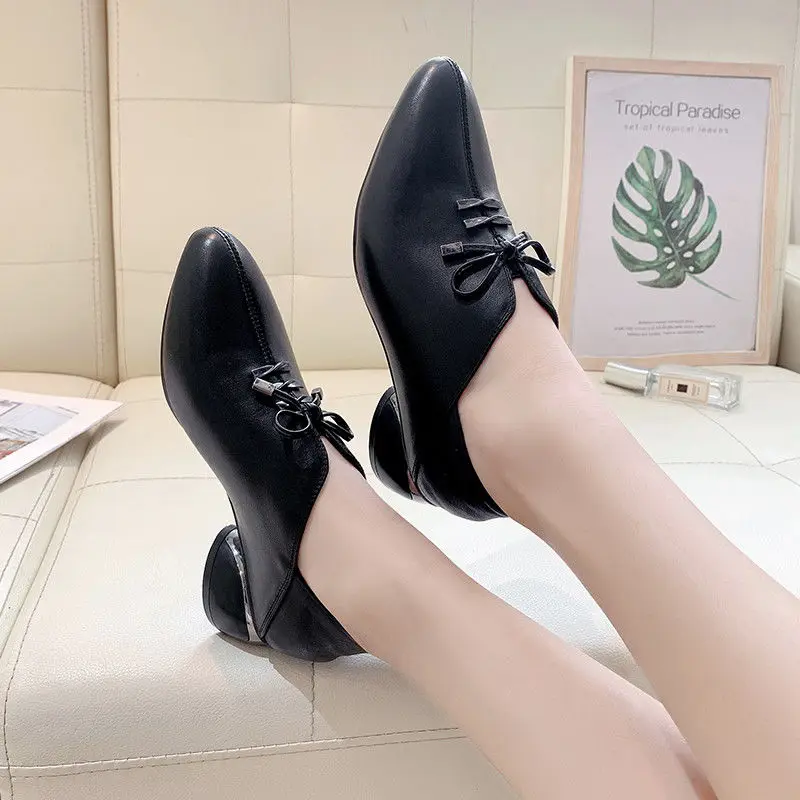 

Microfiber Leather Shoes Woman Mid Heels Women Casual Shoe Korea Style Block Heel Slip on Footware for Office Lady Beige BLACK