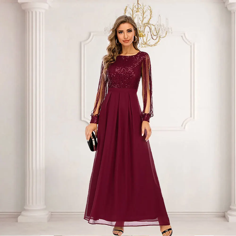 

Wine Red Ladies Chiffon long sleeve Prom Gown Banquet dress Evening maxi long dress formal Party Dress sequin outfits costumes