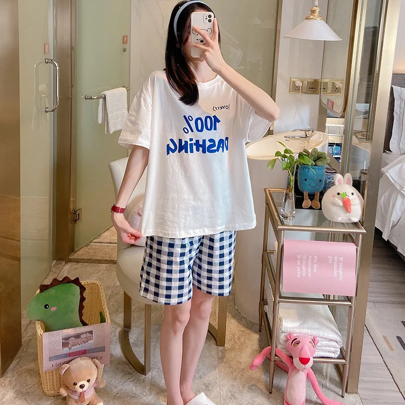 Blue Letters Pajamas Womens Summer Loose Short Sleeves Cotton Plaid Shorts Suit Spring and Autumn Student Homewear Can Be Worn