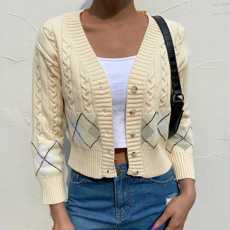 

Personality Knitted Twist Coat Geometric Line V-neck Leisure Youth Fashion Student Cardigan Beauty Spring Autumn New Fashion