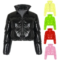 women winter long sleeve zipper puffer jacket stand collar shiny metallic faux leather cropped puffy bubble coat quilted parkas
