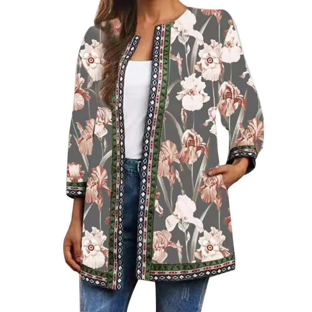 

Ladies autumn and winter retro ethnic floral print cardigan jacket O-neck elegant loose long-sleeved cardigan jacket