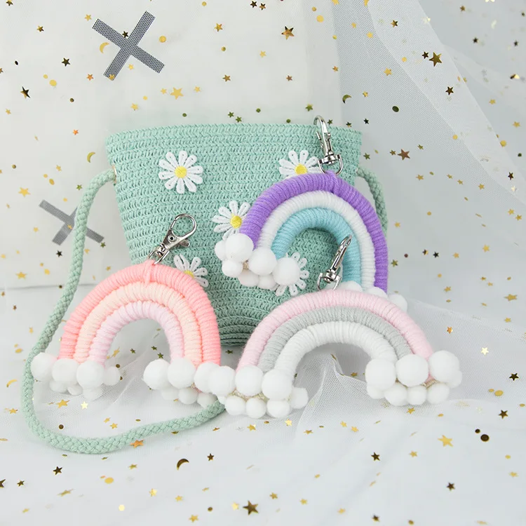 

Woven Rainbow Keychain Rattan Bag Ornaments Tassel Decoration Wall Hanging Photo Props Car Window Girl's Backpack Accessories