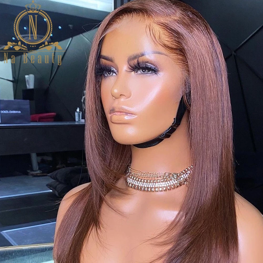 

Brown Ombre Human Hair Wig 13x6 Transparent Lace Front Human Hair Wigs Highlight Wig Straight Blunt Cut For Black Women Nabeauty
