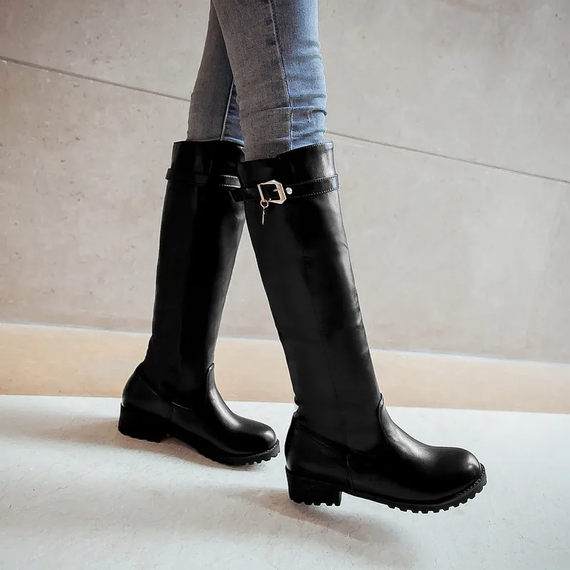 Женские сапоги до колена без застежки ASUMER с круглым носком большие размеры 34 43