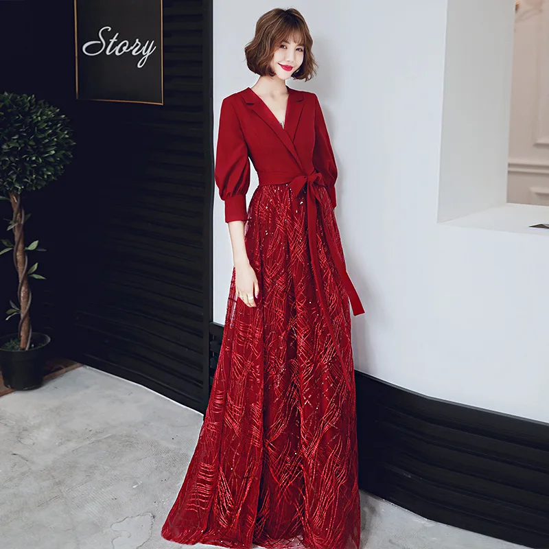

Office Lady Burgundy Elegant Formal Party Gown Exquisite Sequin Bow Trim Bridal Wedding Dresses Temperament Banquet Dress XS-3XL