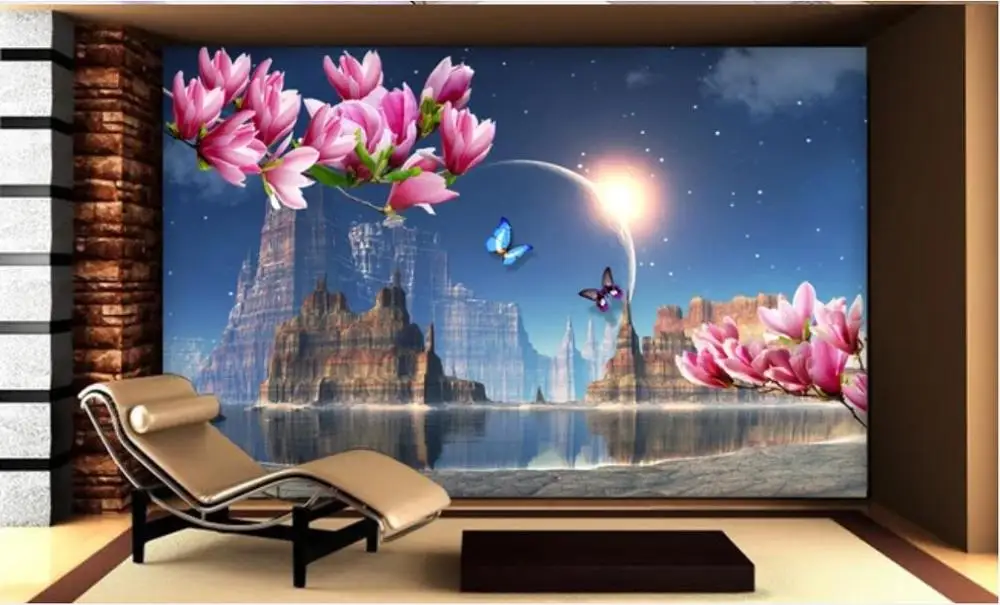

Custom photo wallpaper for walls 3 d flower murals for living room Fantasy castle planet butterfly magnolia flower tv background