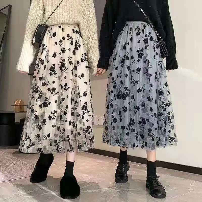 

Flocking Mesh Summer And Autumn 2021 New High Waist Slimming Mid-Length Floral A- line Pleated Skirt