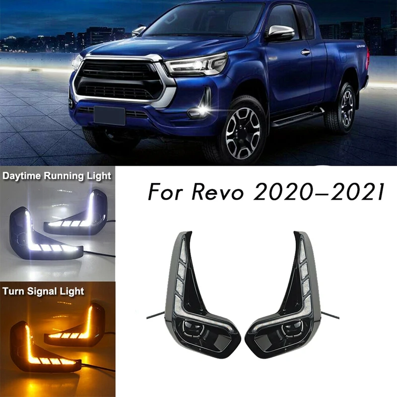 Luces de circulación diurna para Toyota Hilux Revo 2020 2021, luces LED DRL con señal de giro, luz antiniebla de parachoques, lámpara de conducción