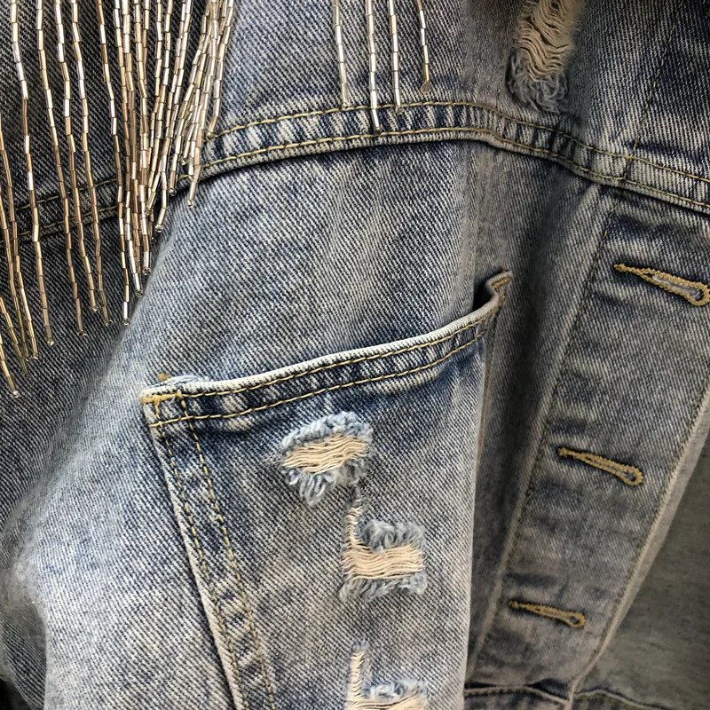 Новая женская осенняя джинсовая куртка для женщин Стразы бриллианты с длинными