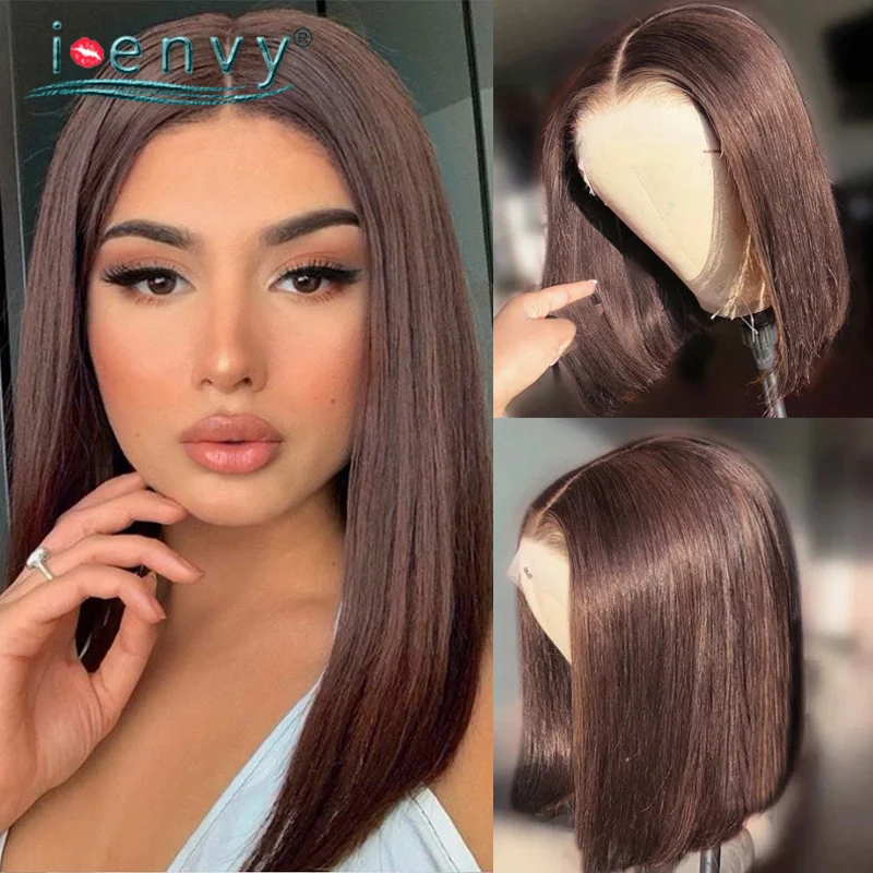 

Transparent Lace Short Bob Wigs For Women 100% Human Hair Wig Straight Dark Brown Lace Front Wigs Peruvian Human Hair Wig Remy