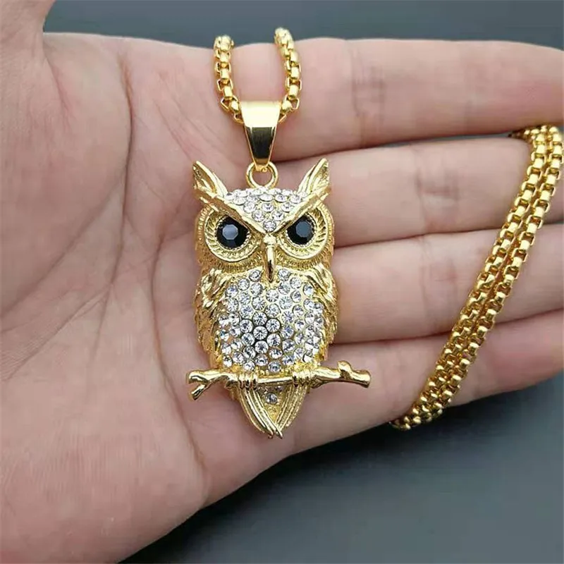 Купи Hip Hop Iced Out Owl Pendant Necklace For Women Gold Color Stainless Steel Animal Bling AAA CZ Necklace Women's Jewelry за 564 рублей в магазине AliExpress
