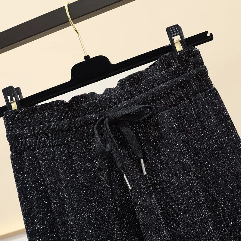 Casual Womens Summer New Glitter Falling Wide Leg Pants High Waist Drawstring Thin Loose Korean Full Length Trousers Plus Size | Женская