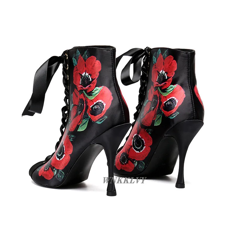 

Spring Autumn short boots women peep toe thin high heel cross straps printed flower decoration open toe pumps female ankle botas