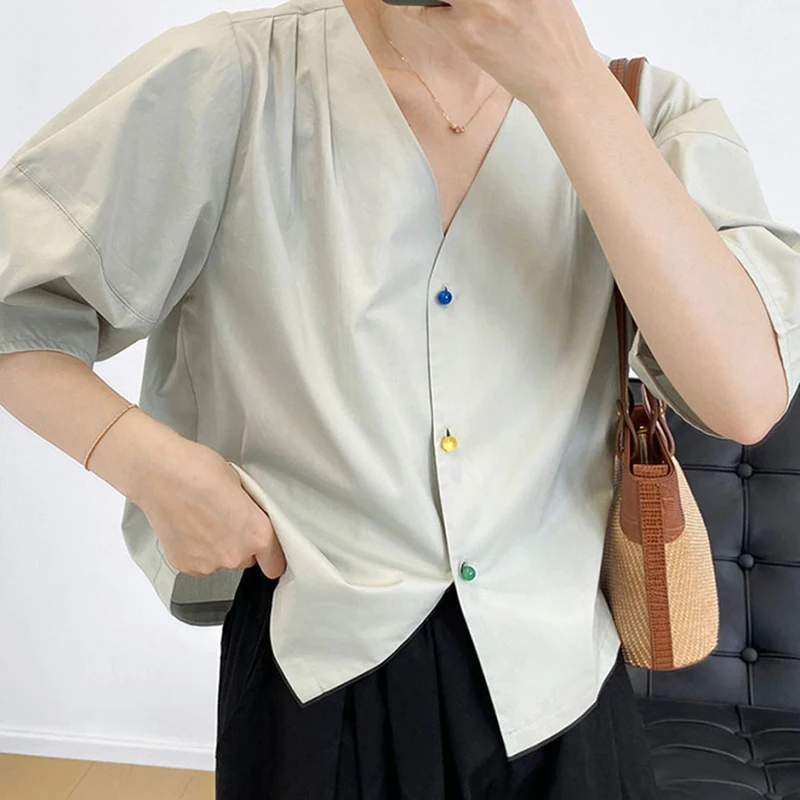 

Korejpaa Women Shirt 2021 Summer Korean Fashion Elegant V-neck Chic Candy Button Design Loose Five-point Puff Sleeve Blouse Top
