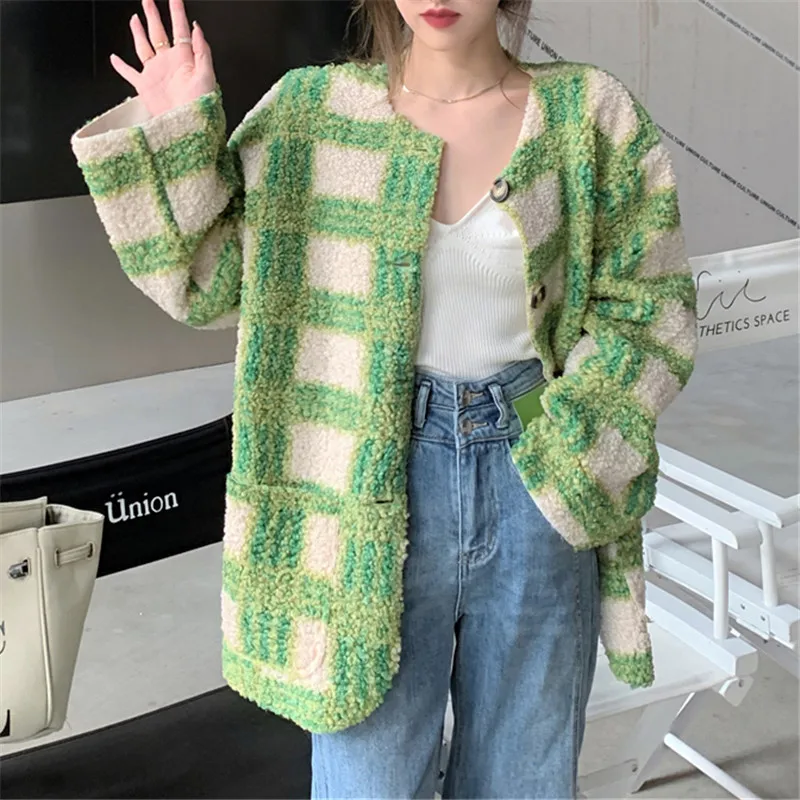 Sungtin Wool Fleece Plaid Coat Women Winter Lamb Faux Fur Overcoat Female Loose Thick Warm Green oversized Jacket Lady Elegant | Женская
