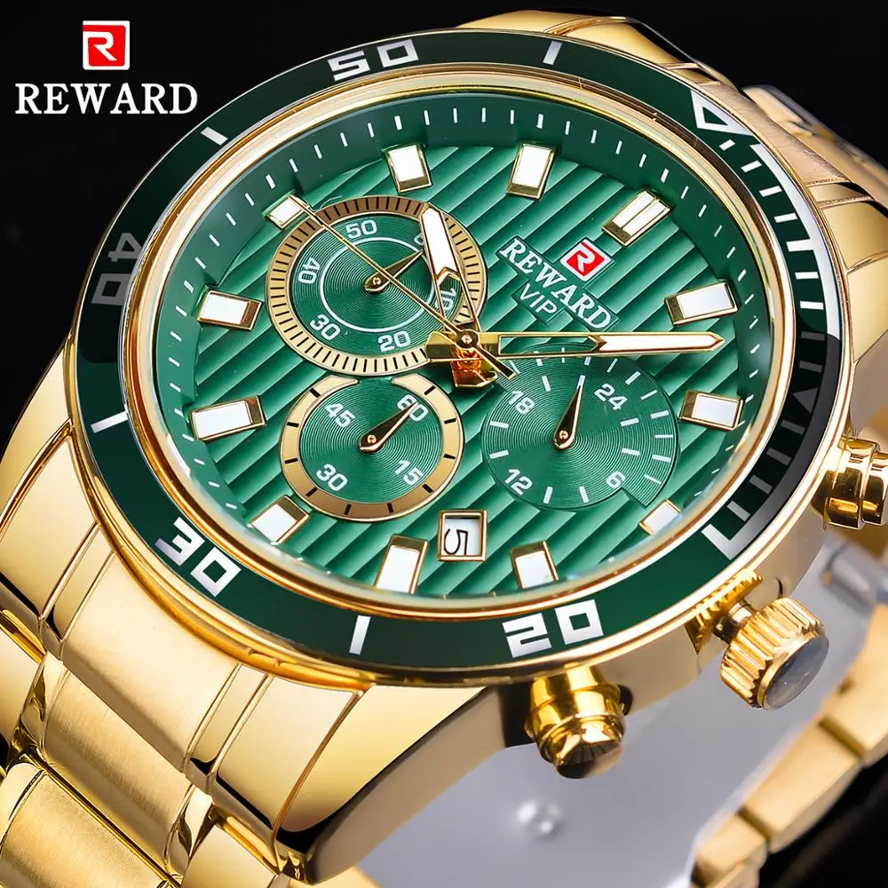 

REWARD 2020 Green Dial Mens Business Sport Quartz Wrist Watch Explorer Series Mens Golden Stainless Steel Top Brand Luxury Clock
