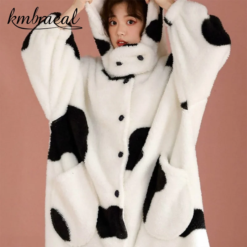 

Cute Cow Pajamas Women Winter Nightgown Female Long Thickened Flannel Sleep Dress Girl Home Service Bathrobe Can Wear Outside