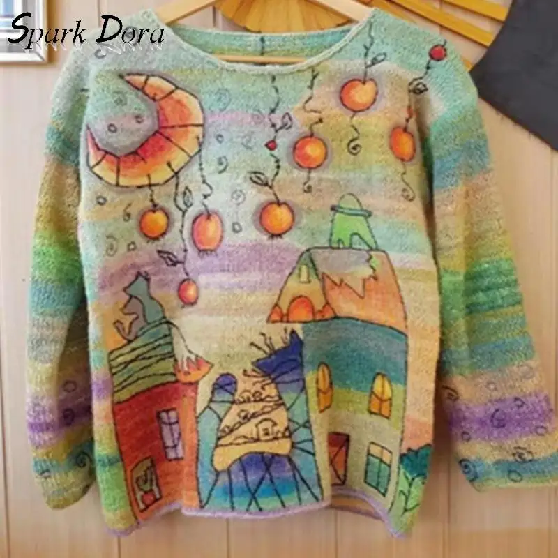 

Бесплатная доставка, свитер для женщин, зимняя модная верхняя одежда для отдыха, с принтом, длинный рукав, хит, цвет, удобный, свободный Женск...