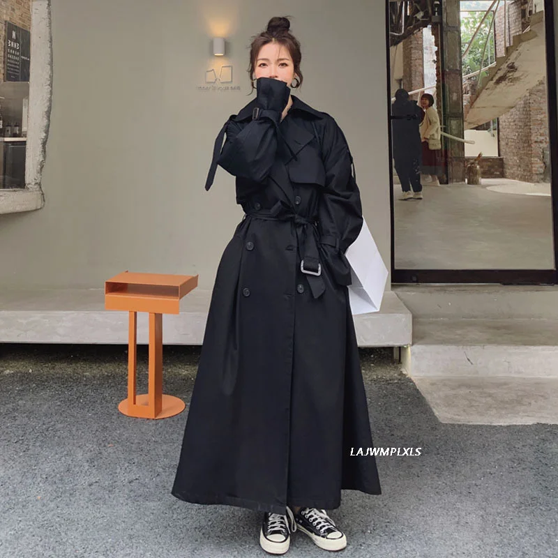 

2021 Spring Autumn Women's Black Trench Coat New Lapel Double-Breasted Super Long Korean Loose Office Windbreaker Female