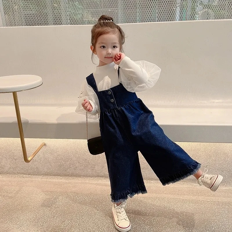 

Girls autumn jeans pants new trousers children's cowboy suspenders baby kids girls spring fashion trousers wide leg pants P4 479