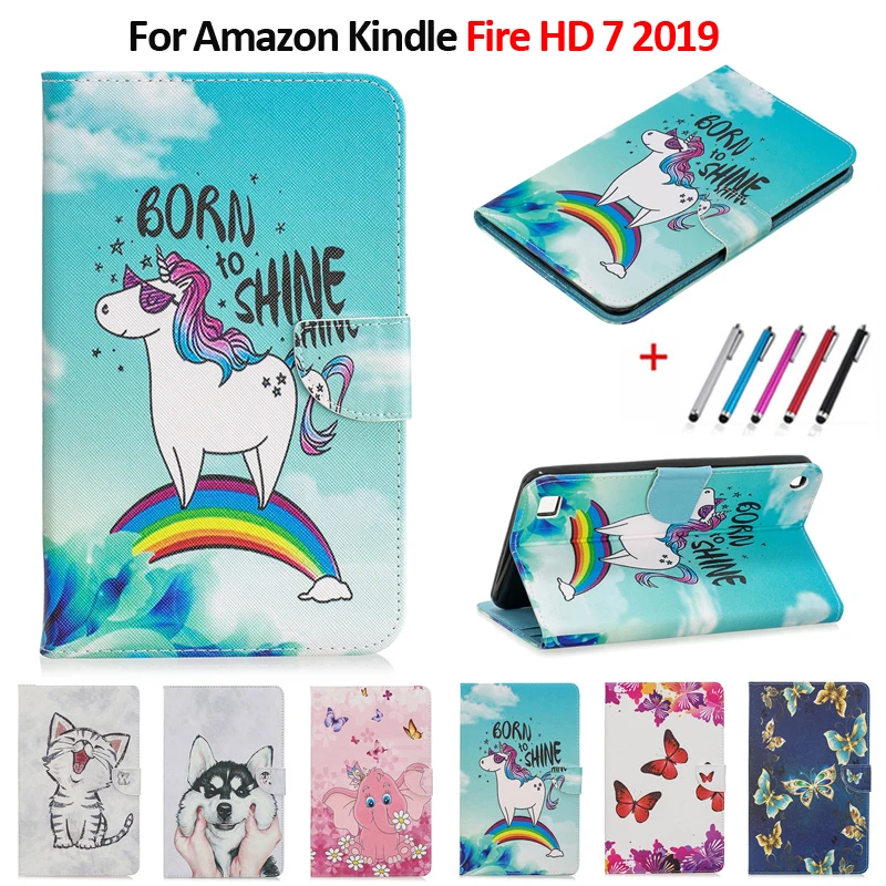Чехол для планшета Funda Amazon Kindle Fire HD 7 2019 чехол Kawaii кожаный с единорогом кошкой