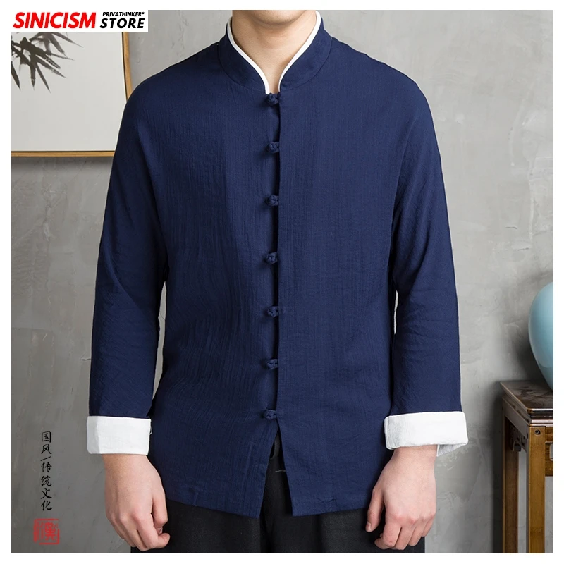 Sinicism Store 2020 Men's Solid Buckle Spring Shirts Men Long Sleeve Chinese Style Shirt Male Fashion Cotton Linen Loose | Мужская